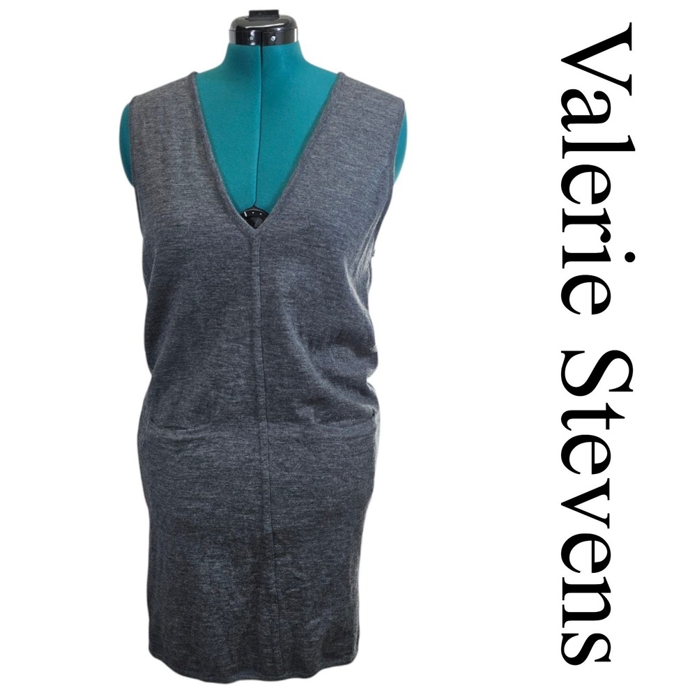 Valerie Stevens Gray 100% Merino Wool V-Neck Sleeveless Sweater‎ Dress Pockets M